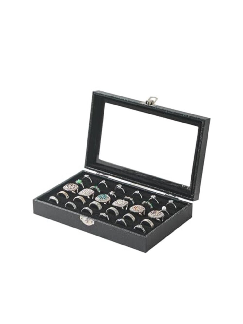 Velvet Ring Organizer Box Glass Lid Jewelry Display Tray Earring Storage Case